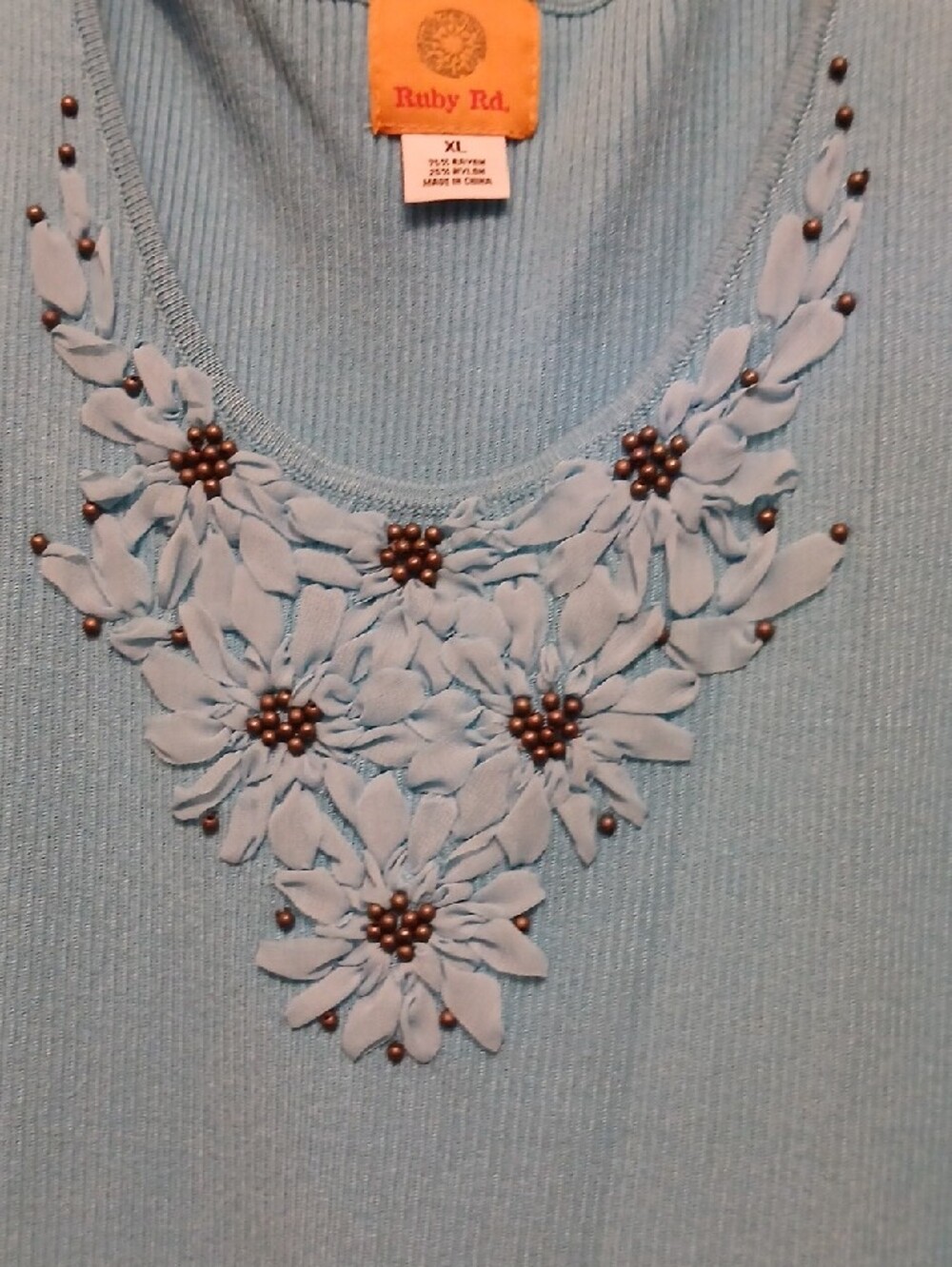 Ruby Rd. Turquoise Floral Applique Ribbed Tank New! - Picture 2 of 4